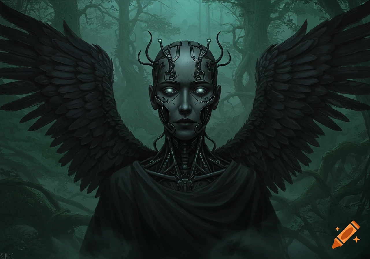A dark, ethereal mechanical angel with large black wings and glowing eyes stands in a misty forest.