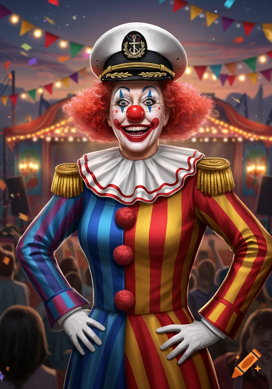 A smiling clown with red curly hair, a sailor hat, and a colorful striped suit stands at a festive carnival, digital illustration.