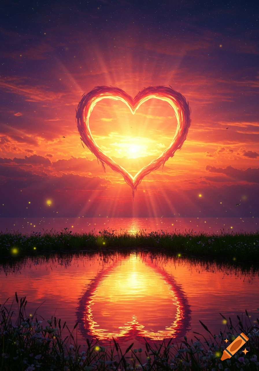 A glowing, fiery heart silhouette against a vibrant orange and purple sunset over a tranquil lake, with a perfect reflection.
