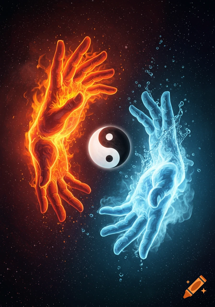 A fiery hand and a watery hand reach towards a central yin-yang symbol on a starry background.