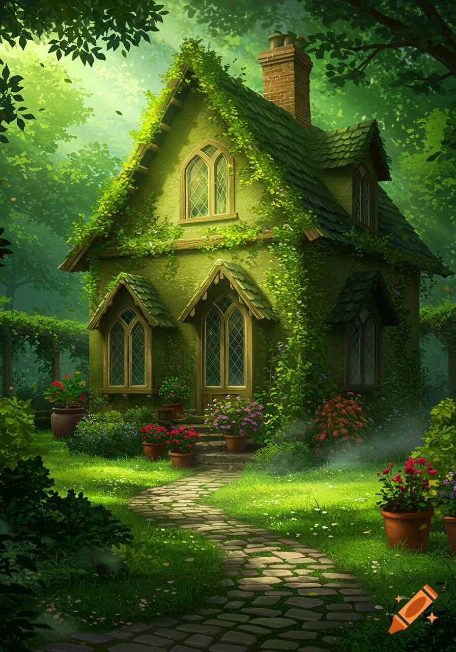 A whimsical, moss-covered cottage with ornate windows sits at the end of a stone path in a sun-dappled, lush green forest.