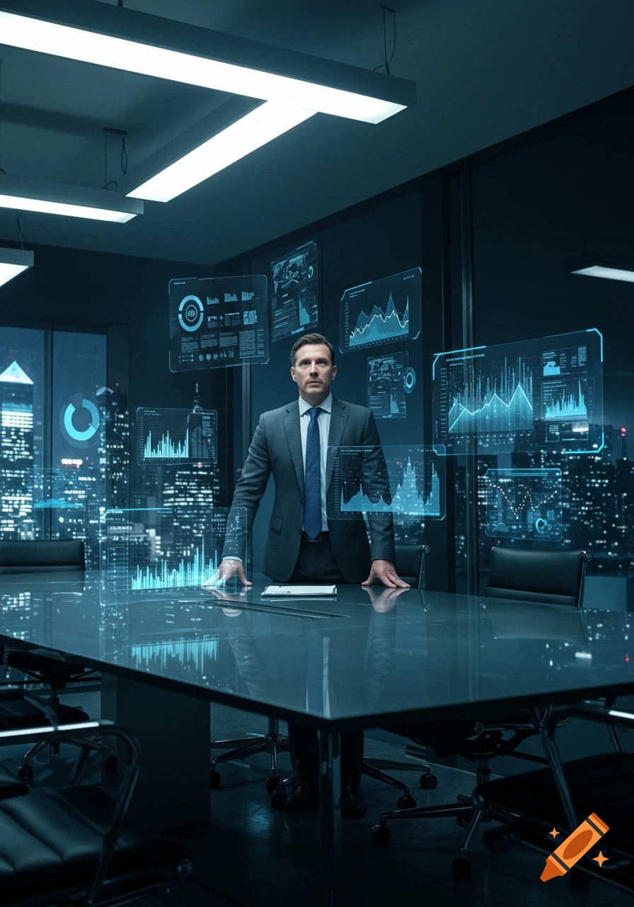 A male CEO stands in a dark, futuristic boardroom overlooking a city skyline, surrounded by holographic data screens.