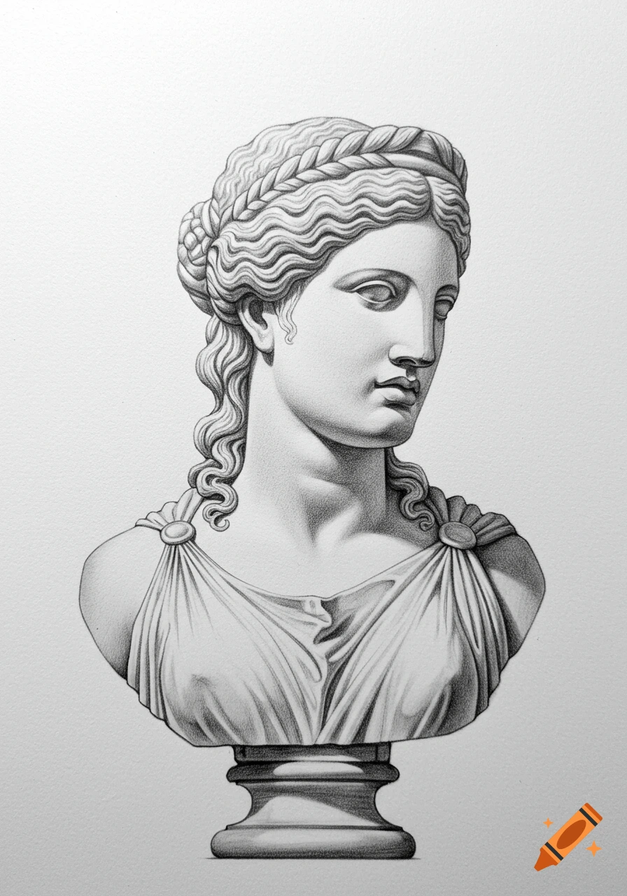 Pencil sketch of a classical female bust with braided hair and draped clothing on a pedestal.