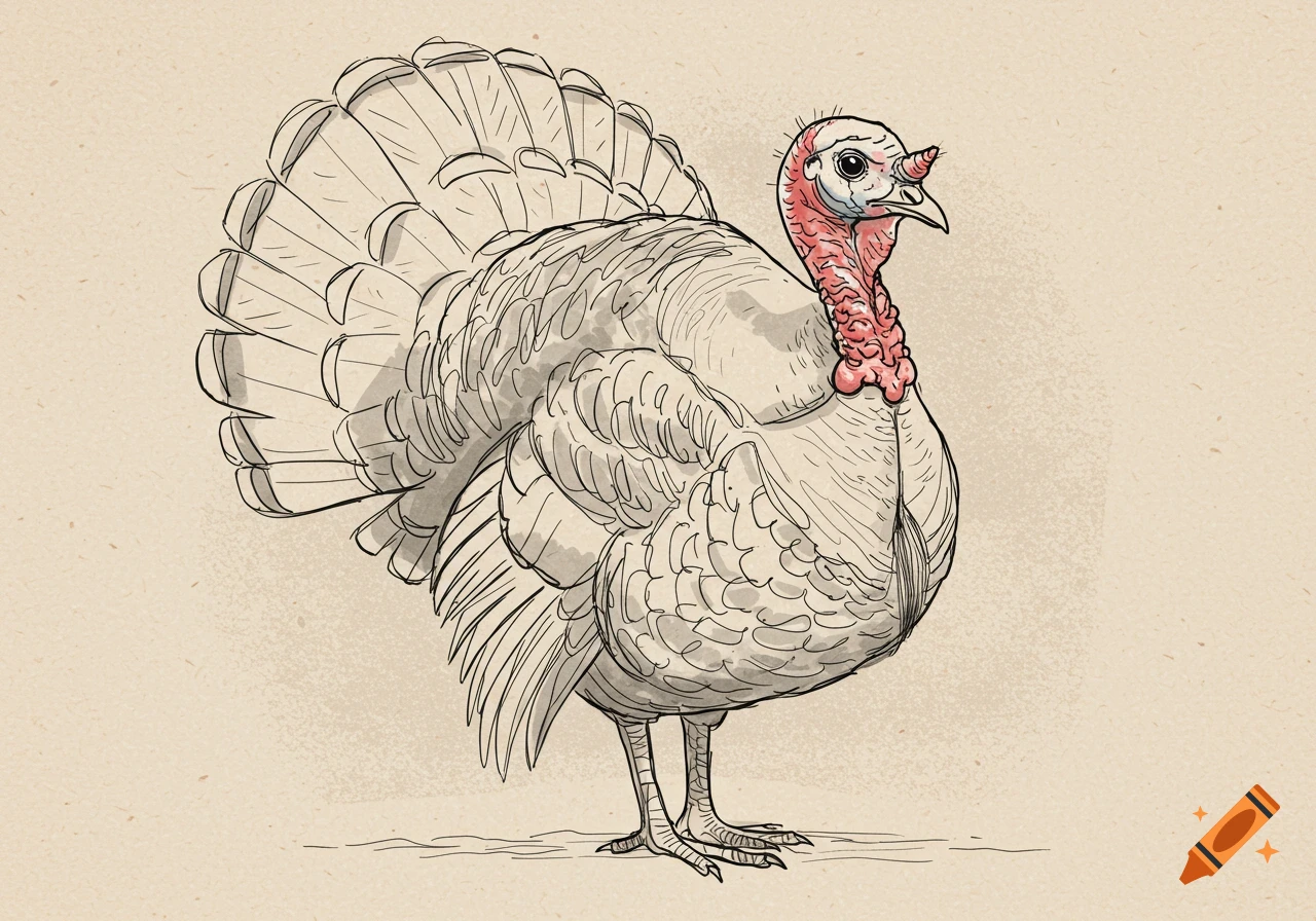 A detailed line drawing of a turkey with red wattles and snood on a textured beige background.