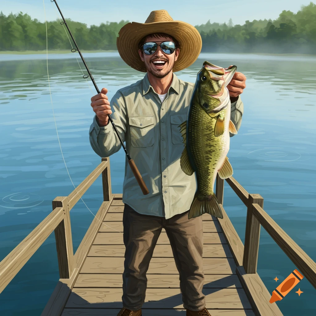 A smiling man in a straw hat and sunglasses holds a large bass fish and a fishing rod on a wooden dock by a lake.