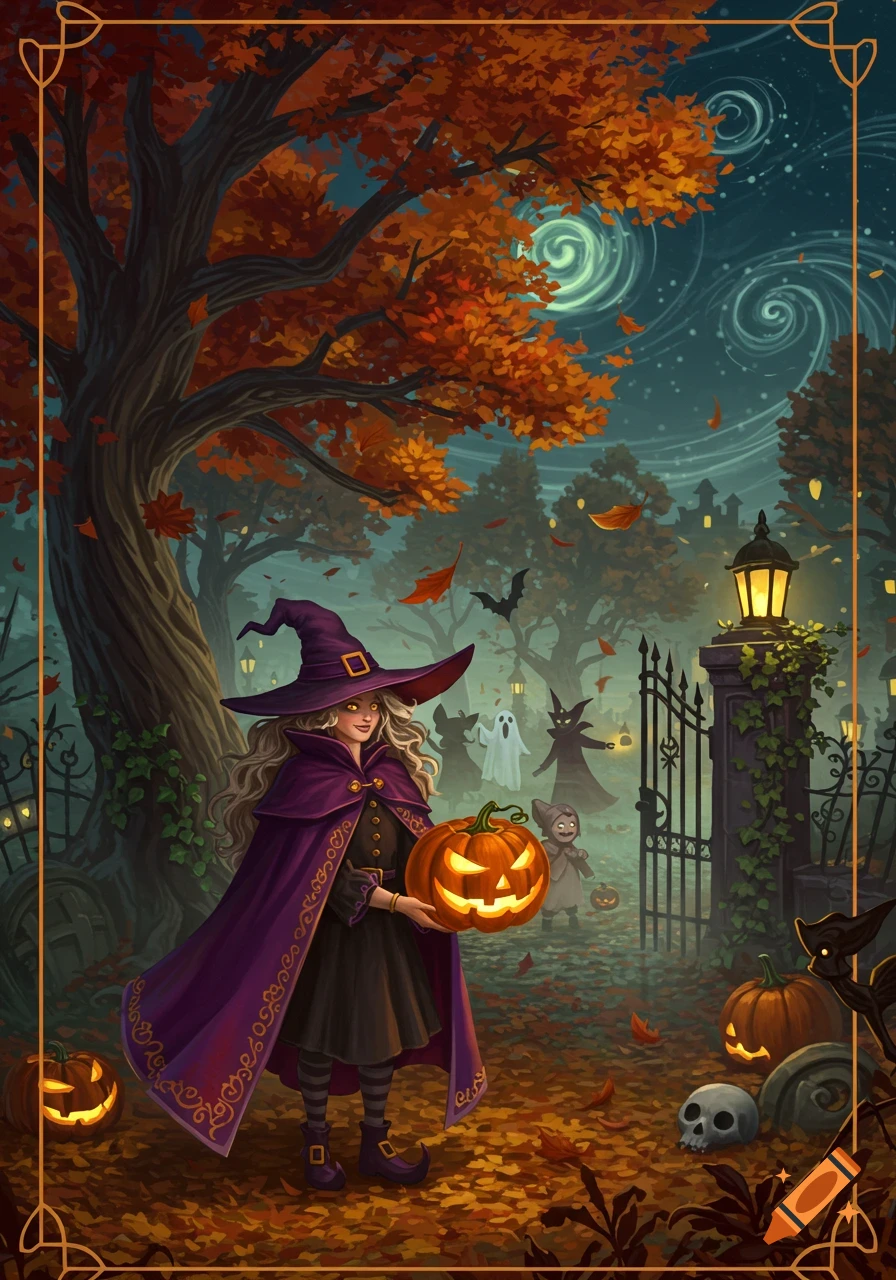 A smiling witch in a purple cloak holds a glowing jack-o'-lantern in a spooky, autumn-themed Halloween graveyard illustration.