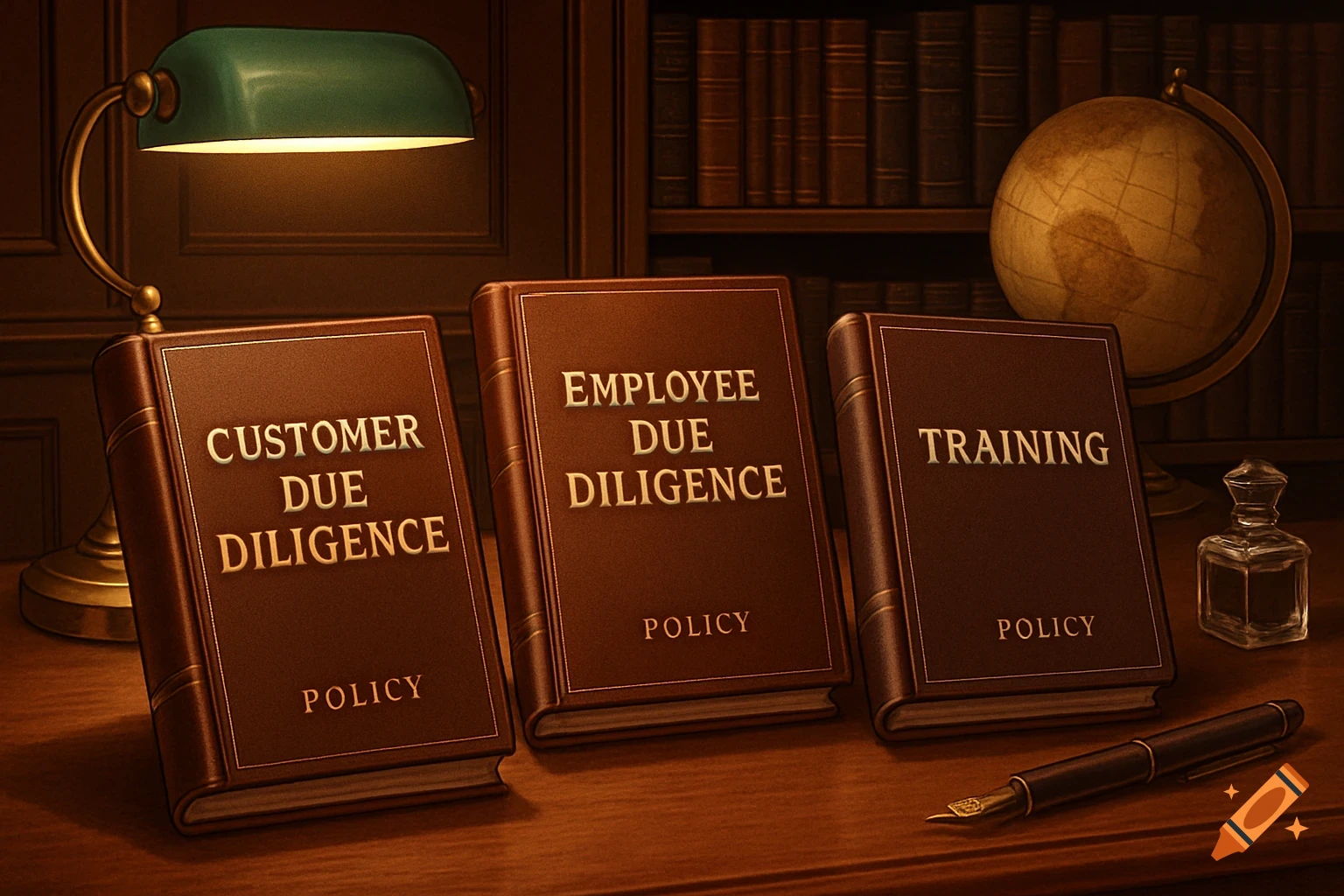 Three brown books titled 'Customer Due Diligence', 'Employee Due Diligence', and 'Training' on a wooden desk with a lamp and globe.