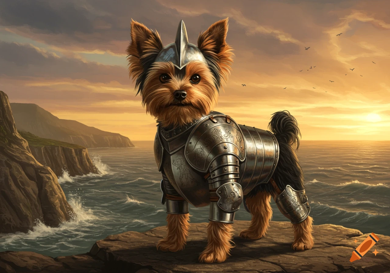 A painting of a Yorkie dog in full Conquistador armor standing on a rocky cliff overlooking a wavy sea at sunset.