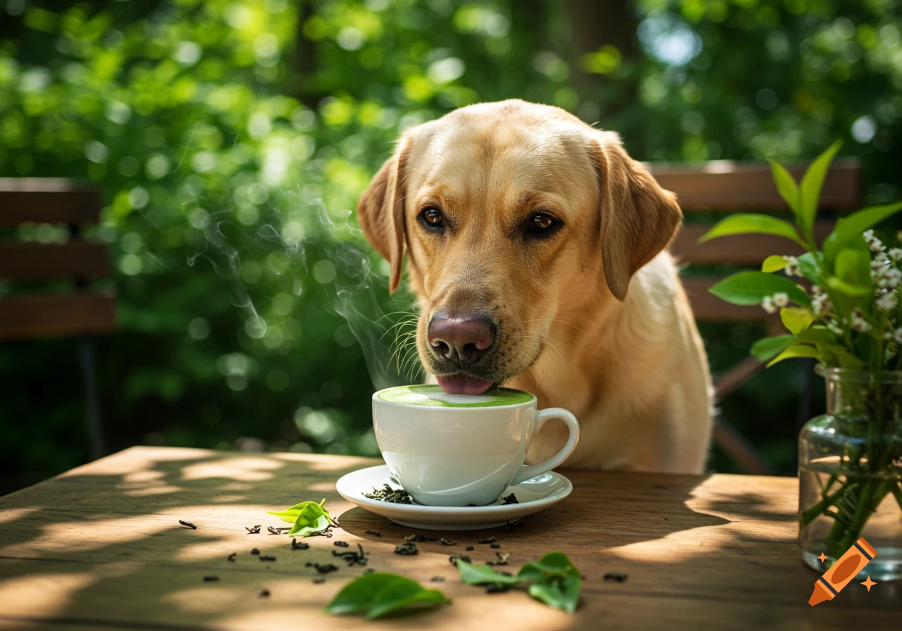 A Labrador dog gently licks steaming matcha tea from a white cup on a wooden table outdoors, with green foliage in the background.