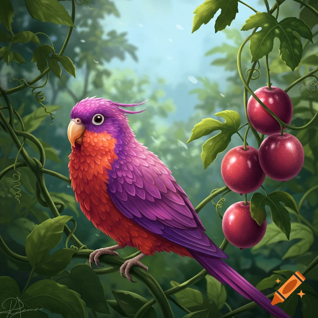 A vibrant purple and orange parakeet perches on a vine with red passion fruits in a lush jungle setting.