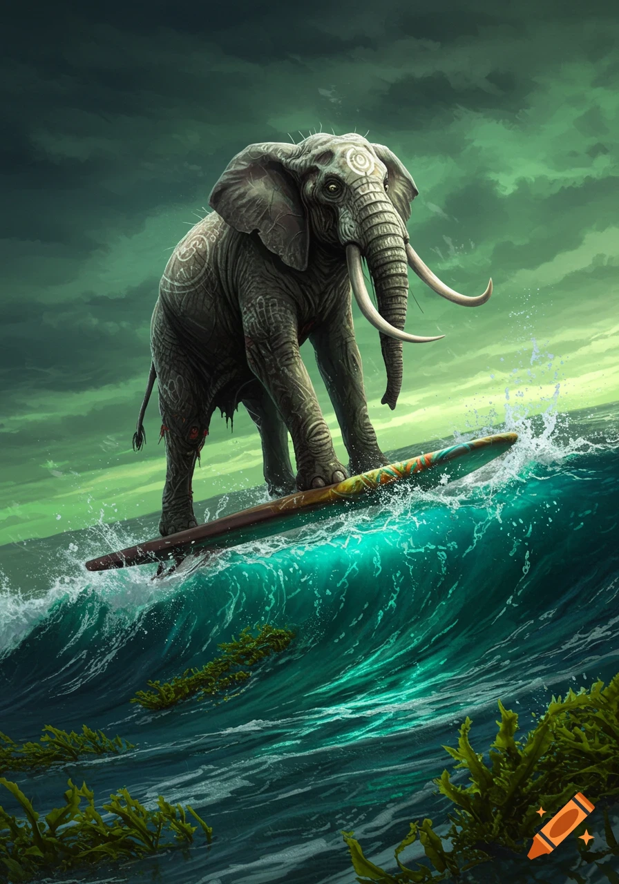 A majestic elephant with intricate patterns on its skin surfs on a surfboard across a vibrant turquoise wave under a dramatic green and yellow sky.