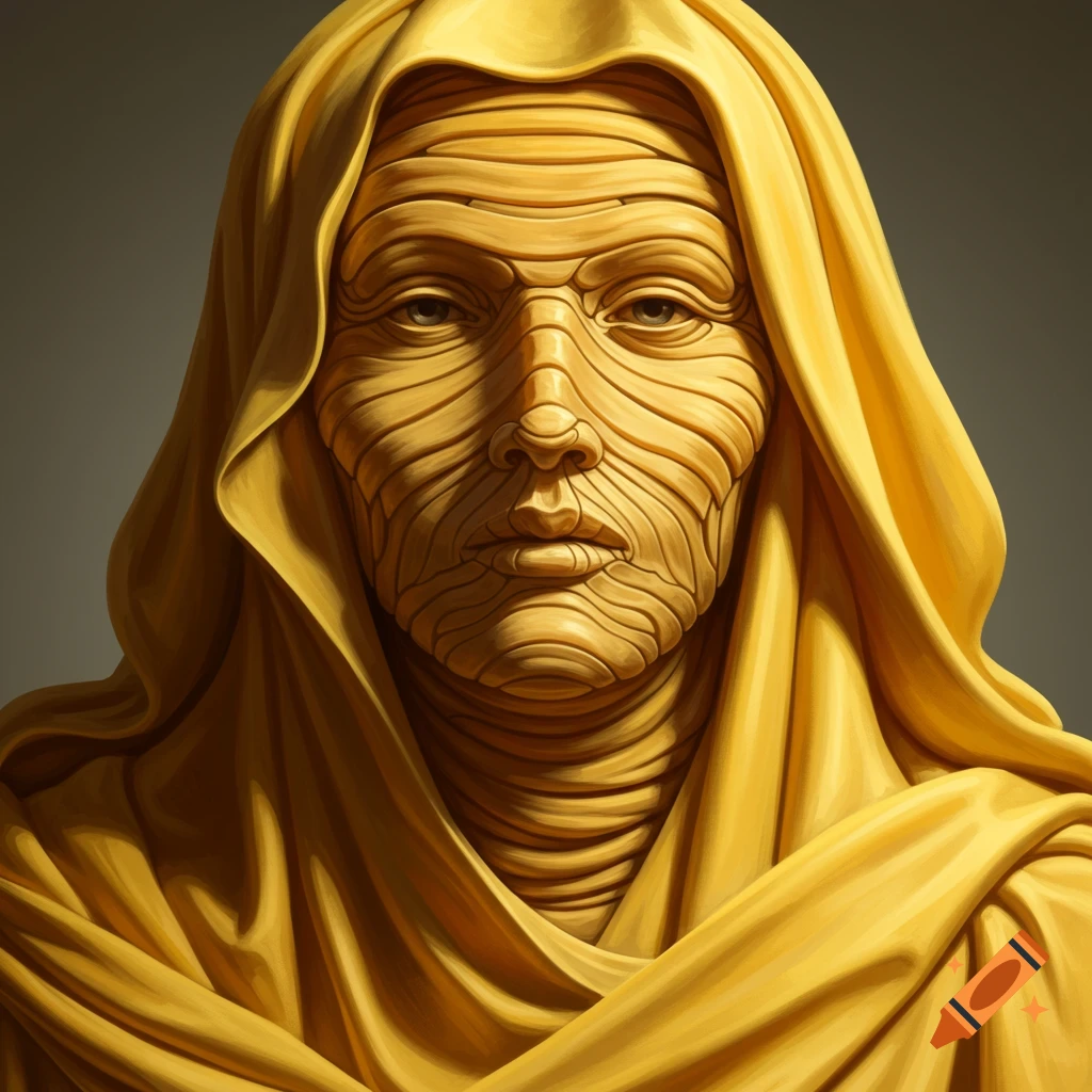 Close-up of a stylized face with undulating lines, resembling golden-yellow carved wood or draped fabric.