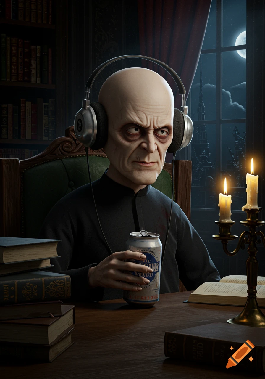 A bald, gaunt man resembling Uncle Fester wears headphones and holds a beer can in a dimly lit, Gothic library setting with candles and a moonlit window.