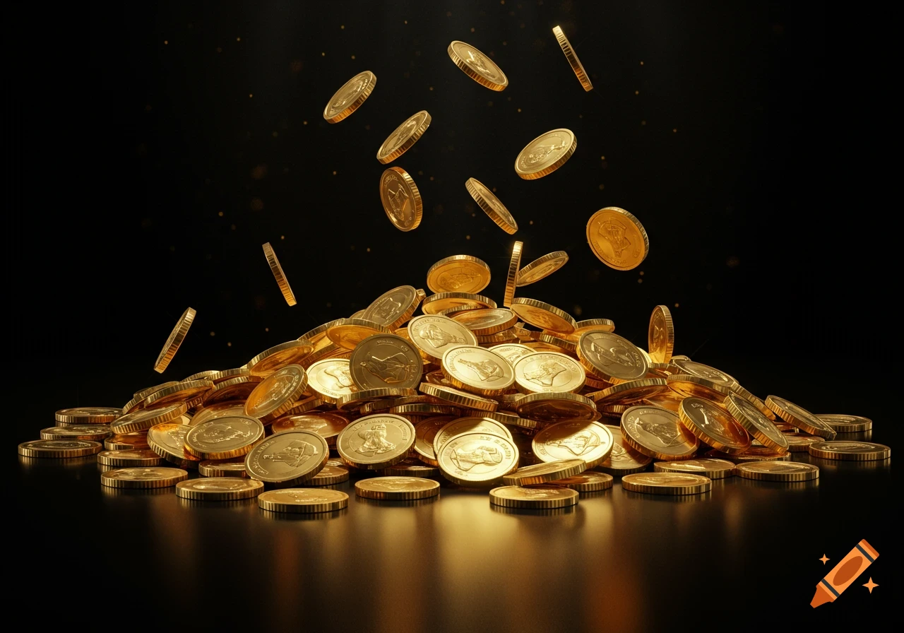 Photorealistic depiction of a large pile of shiny gold coins with more coins falling onto a black background.