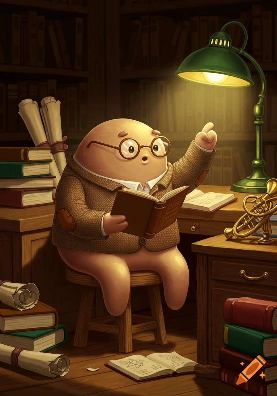 A cute, round, light-brown blob character wearing glasses and a tweed jacket sits on a stool, reading a book in a cozy library, with one finger raised as if explaining.