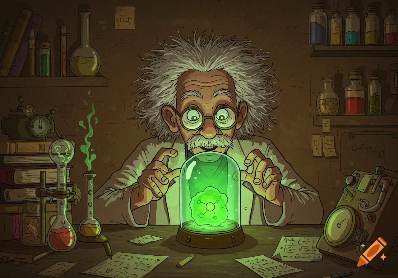 Cartoon old scientist with wild white hair and glasses, examining a glowing green specimen in a bell jar on a cluttered lab desk.
