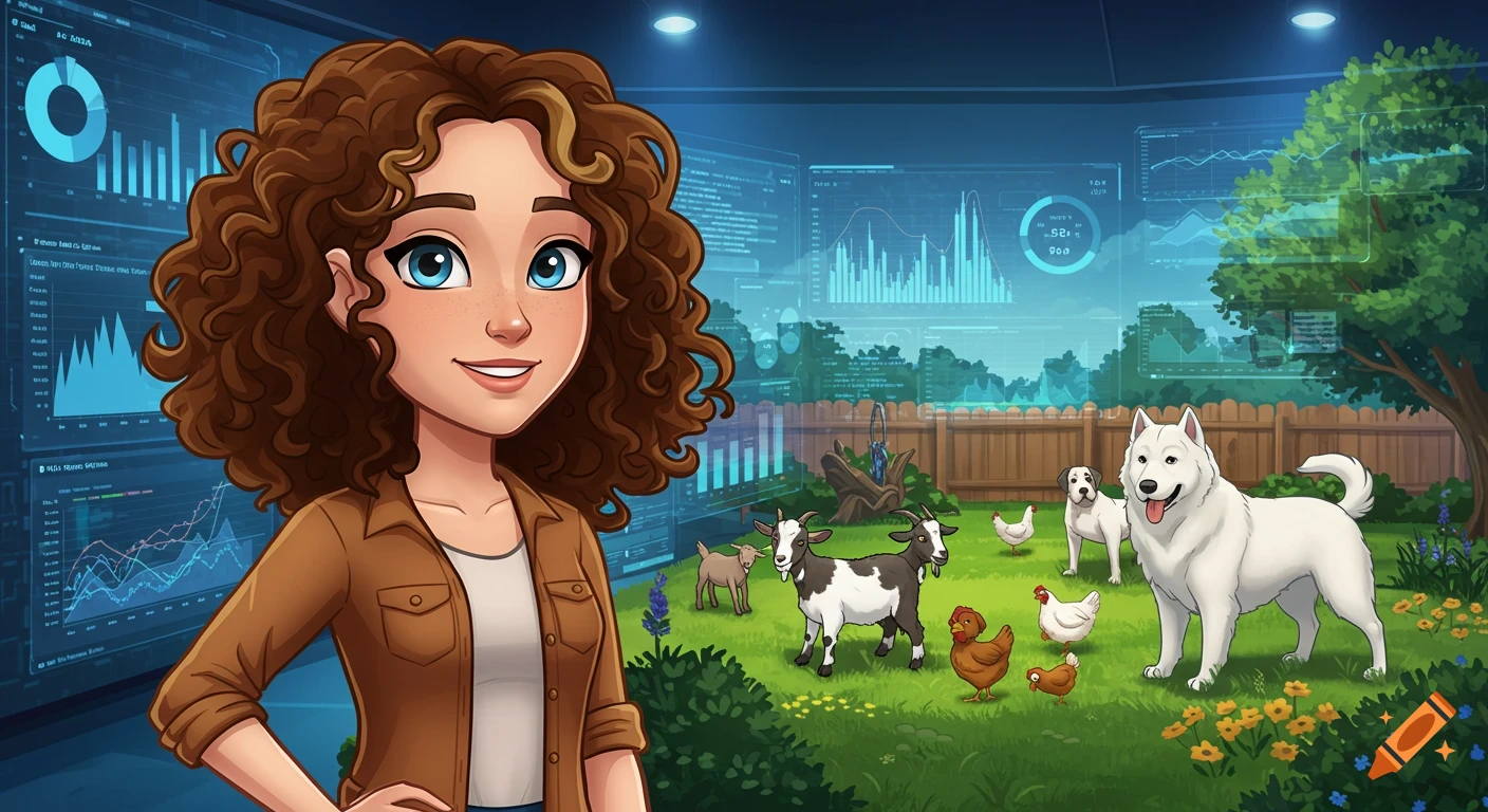 A cartoon woman with curly brown hair stands in front of data dashboards and a garden scene with goats, dogs, and chickens.