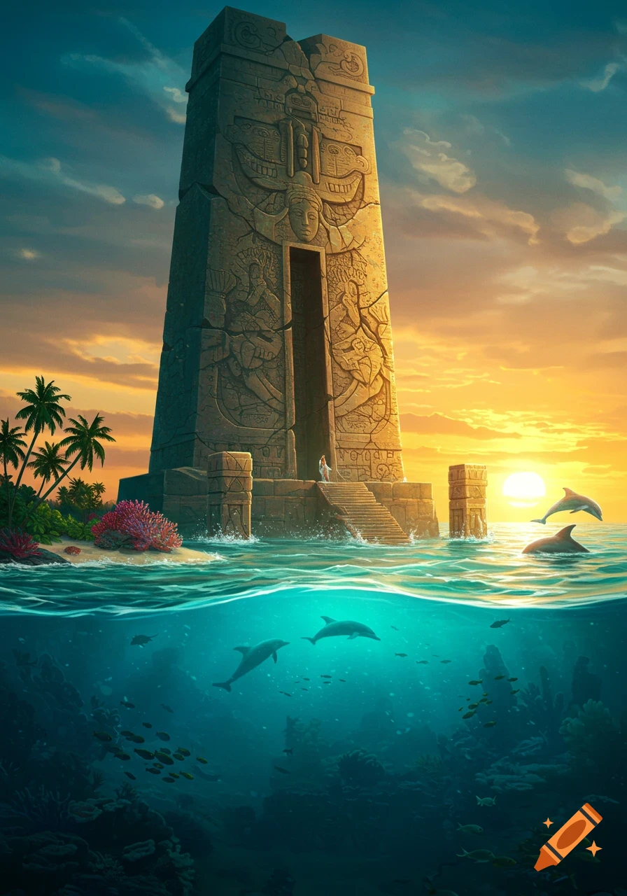 A large, ancient stone monument with carvings rises from a tropical ocean at sunset, with dolphins swimming above and below the surface.