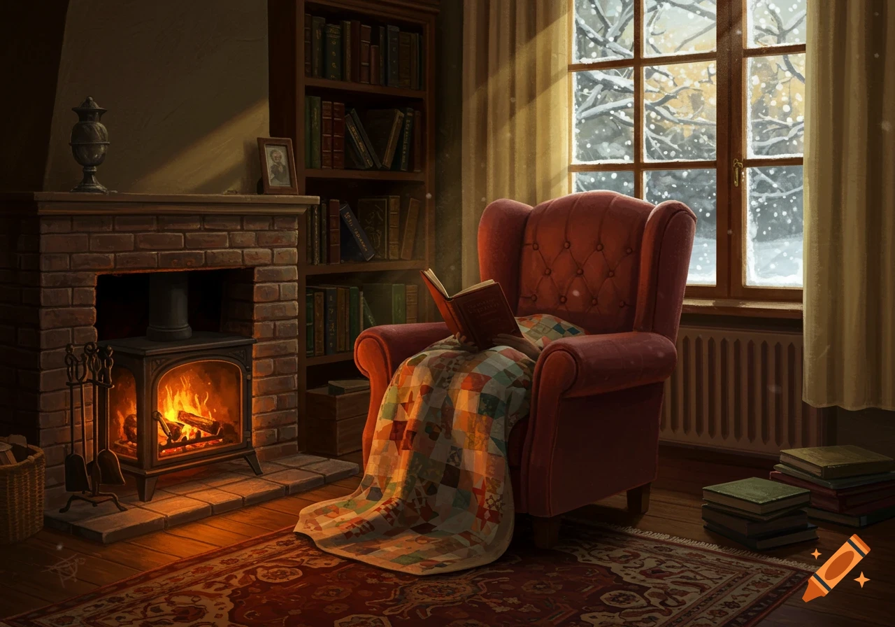 Cozy illustration of a person reading a book in a red armchair by a fireplace, with a snowy window and bookshelves.