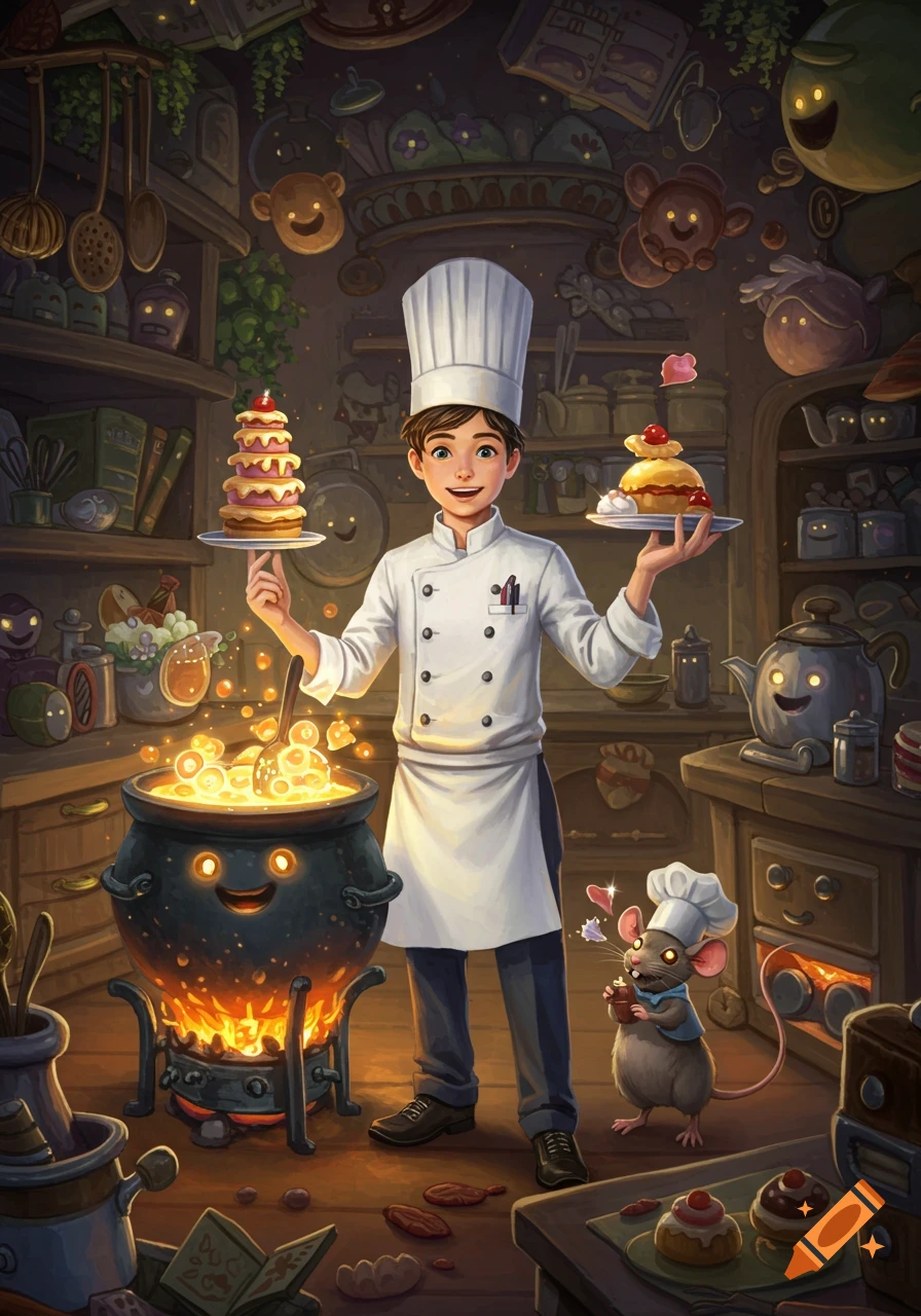 Young chef balances cakes in a whimsical fantasy kitchen, cooking in a glowing cauldron with a mouse nearby.