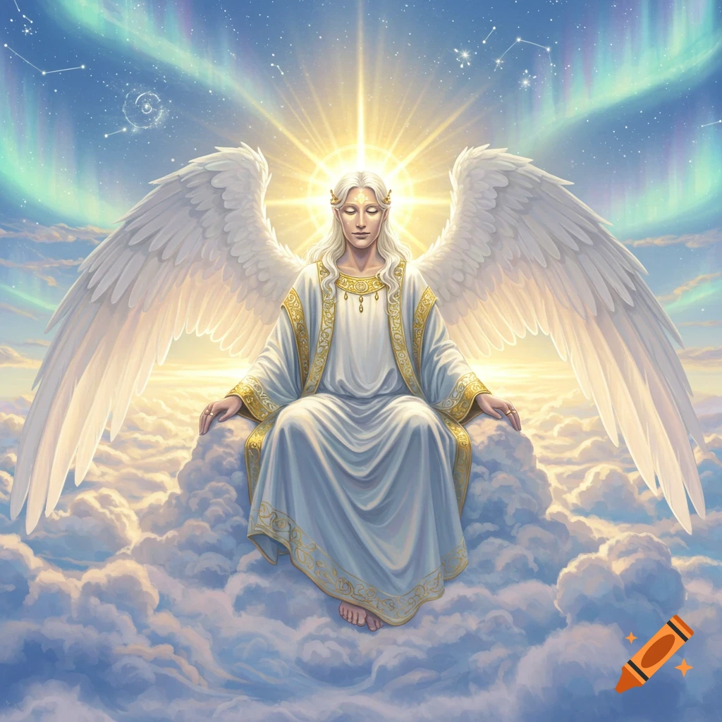 A majestic angel with blonde hair and large white wings sits on clouds under a starry sky with aurora, glowing brightly.