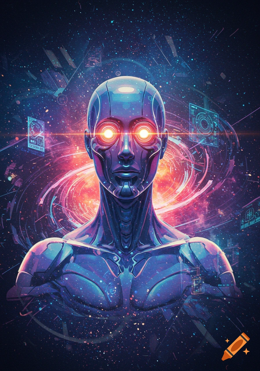 A blue-purple metallic robot with glowing orange eyes against a cosmic background with swirling nebulae and stars.