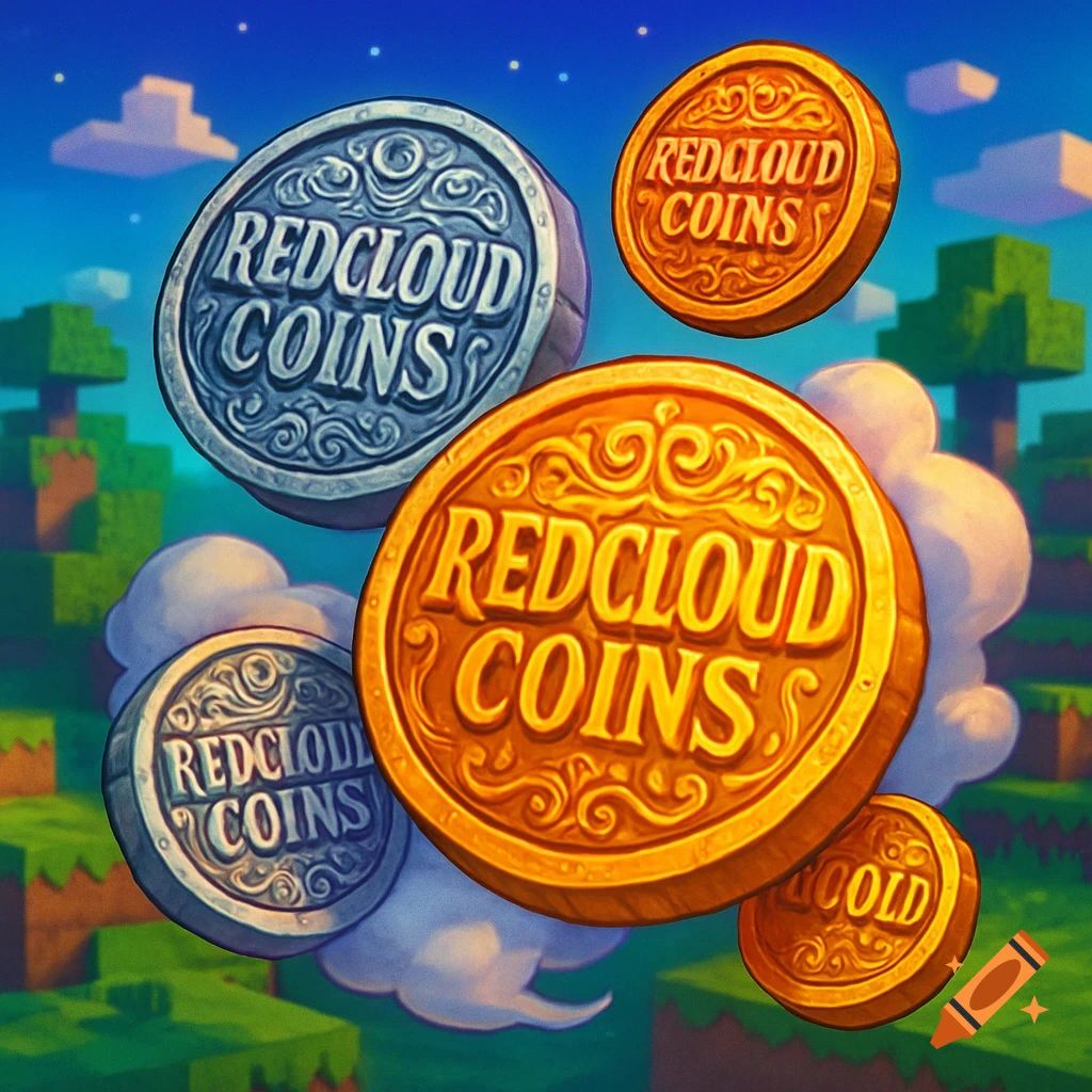 Stylized gold and silver coins with 'REDCLOUD COINS' text float in a pixelated Minecraft-like landscape.