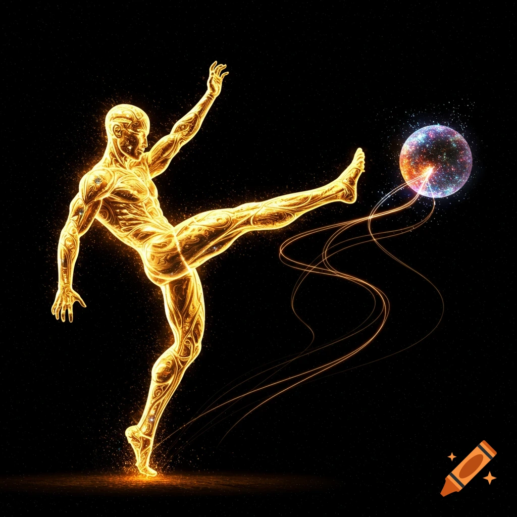 A glowing golden human figure kicks a colorful cosmic ball with energy trails on a dark, star-speckled background.