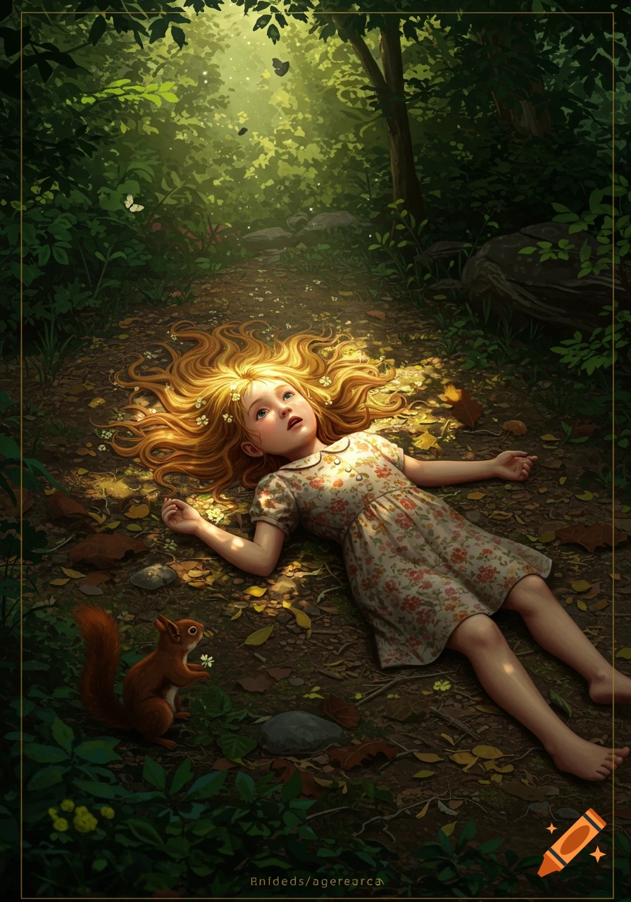 A fair-haired girl lies on a sunlit forest path, looking upwards, with a squirrel holding a flower nearby. Illustration.