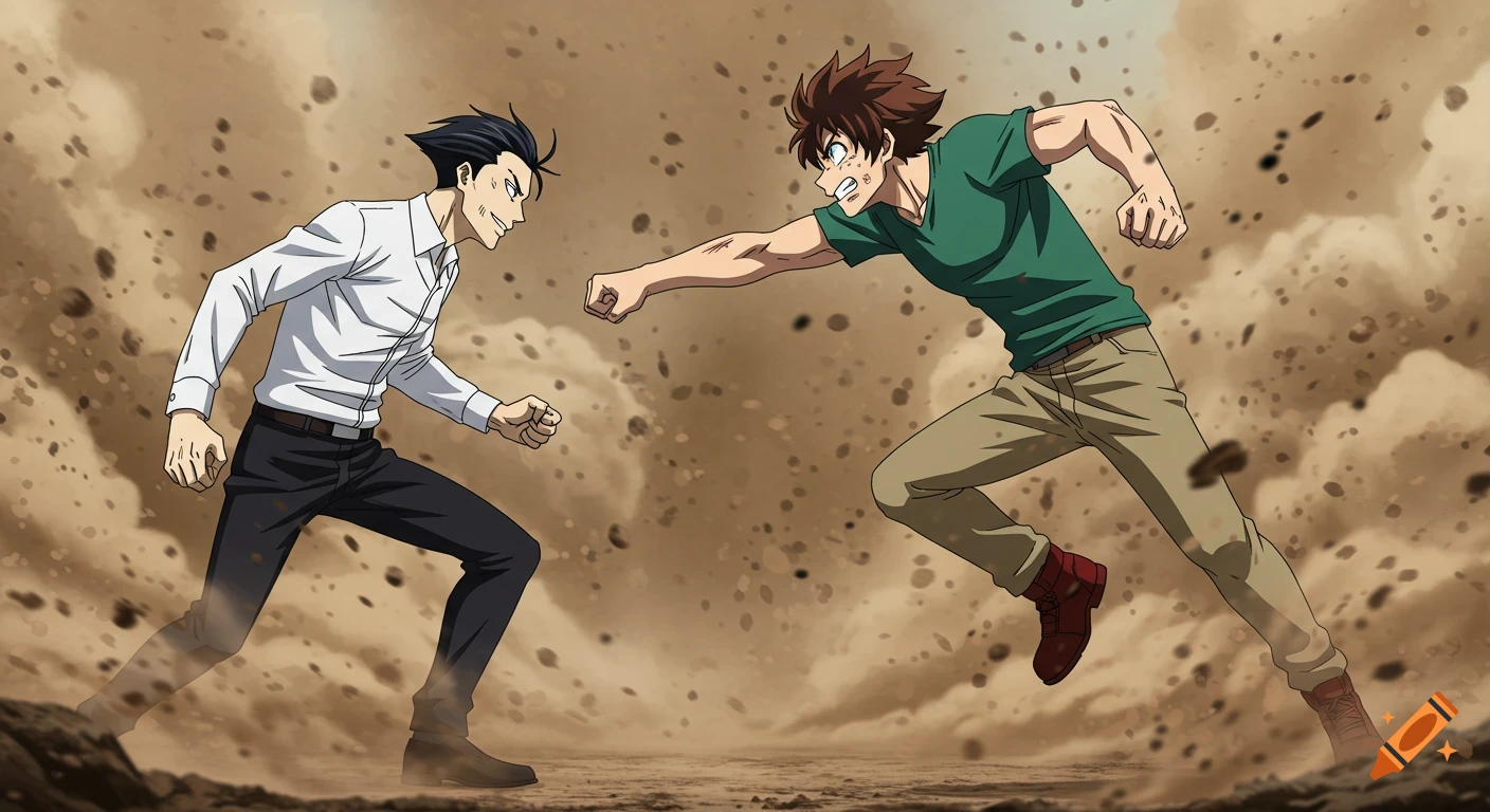 Anime style action scene showing a man in a white shirt dodging a punch from an angry man in a green t-shirt as dust flies.