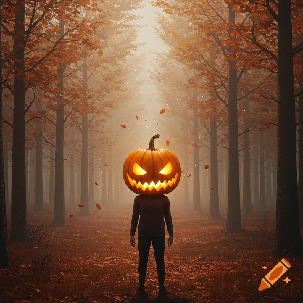 A person with a glowing jack-o'-lantern head stands in a misty autumn forest with falling orange leaves.