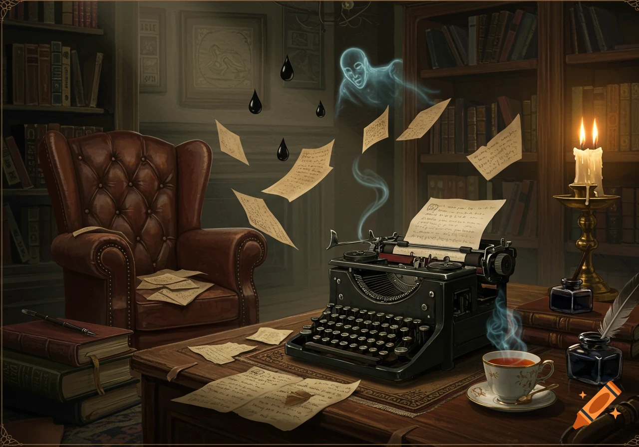 A dark, atmospheric study with an antique typewriter, scattered papers, books, a lit candle, and a glowing blue ghost hovering in the background.
