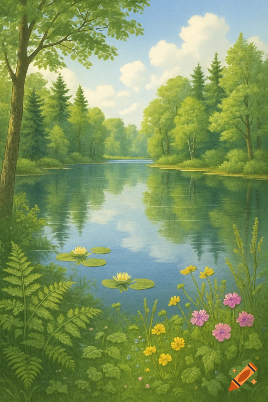 A serene naturalist illustration of a lake surrounded by lush green trees, with lily pads and colorful flowers in the foreground.