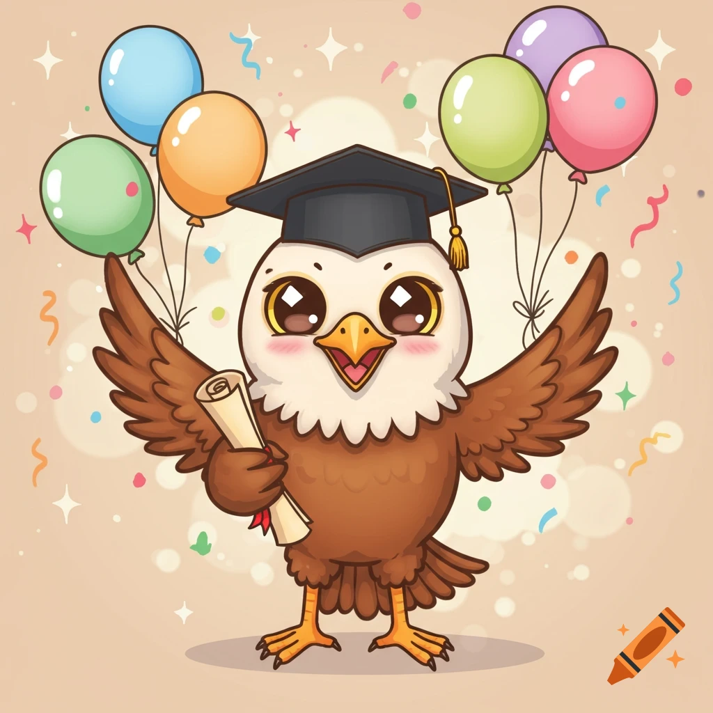 A cute cartoon eagle wearing a graduation cap, holding a diploma, with colorful balloons and confetti around.