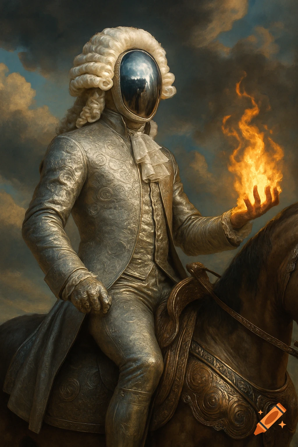 A surreal nobleman with a mirror-faced helmet and a white baroque wig rides a horse, holding magical fire in one hand, in the style of a classical oil portrait.