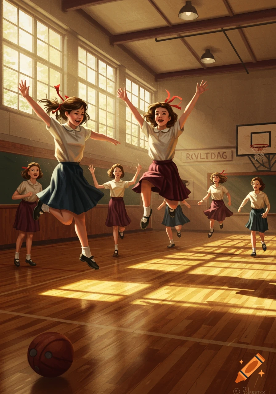 Illustrated scene of several girls in 1950s attire happily jumping and running in a sunlit school gym.
