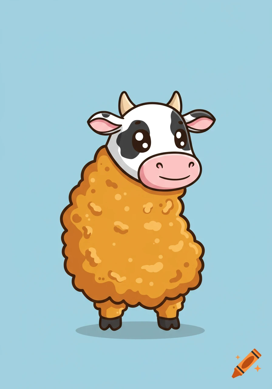 A cartoon cow with a body like a fried chicken tender stands on a light blue background.