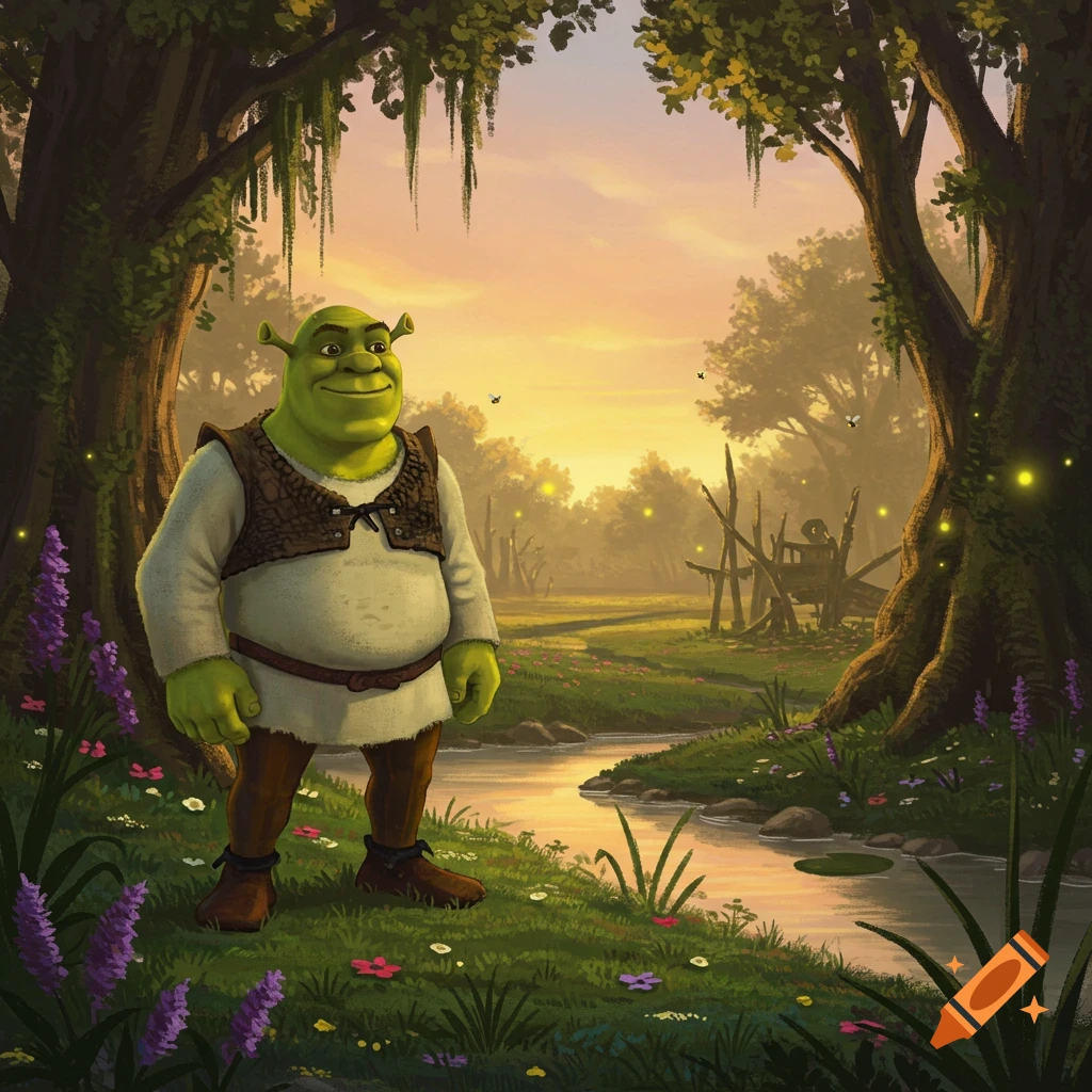 Shrek stands smiling in a magical forest at sunset, next to a flowing stream and surrounded by lush trees and flowers.