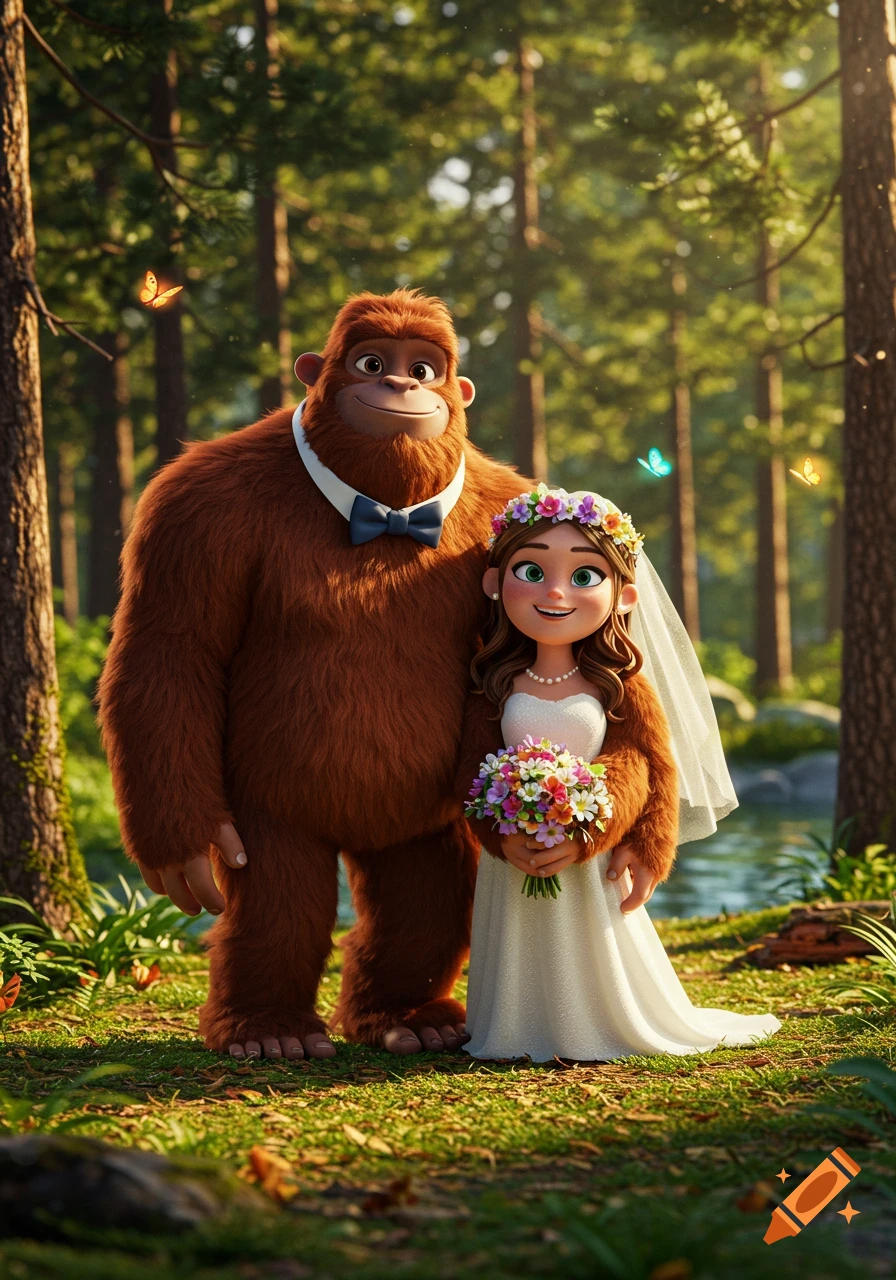 A Pixar 3D animated Bigfoot groom in a bow tie stands with his human bride in a white dress, holding a bouquet, in a sun-dappled forest.