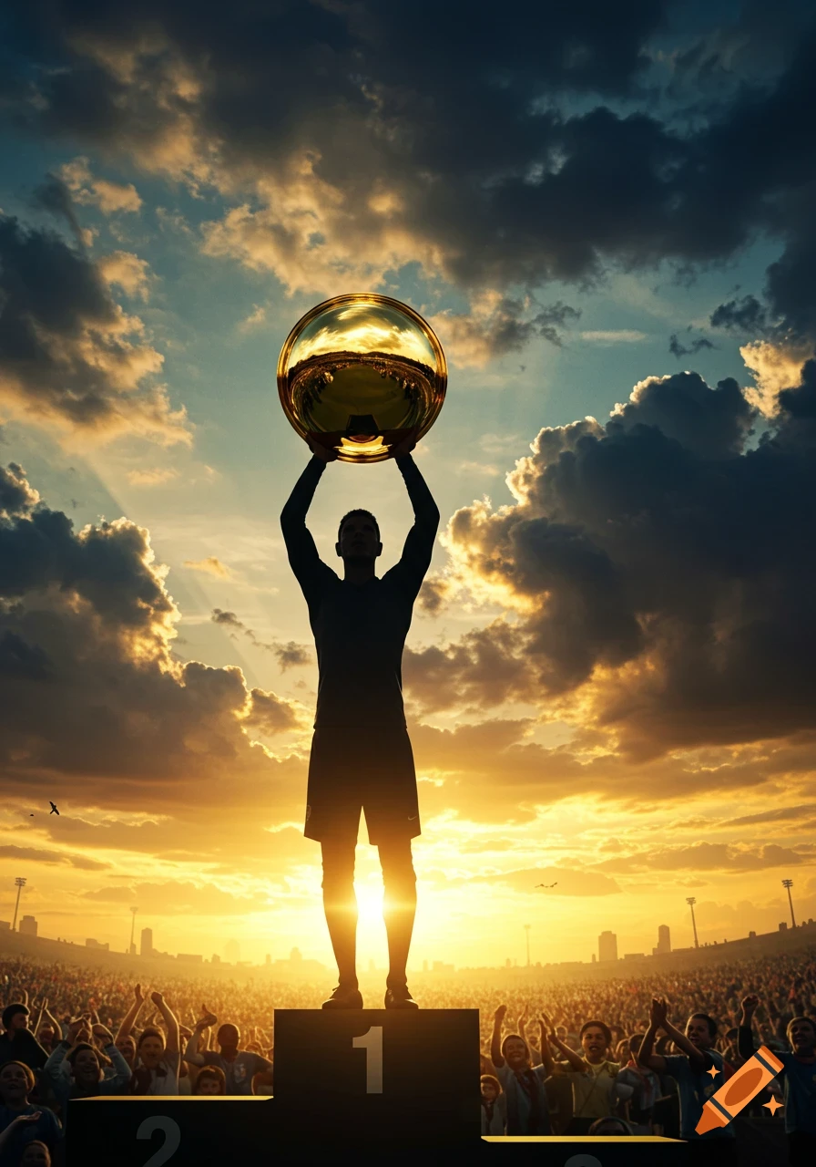 Silhouette of a man on a podium, holding a large golden spherical trophy above his head, with a cheering crowd and a dramatic sunset.