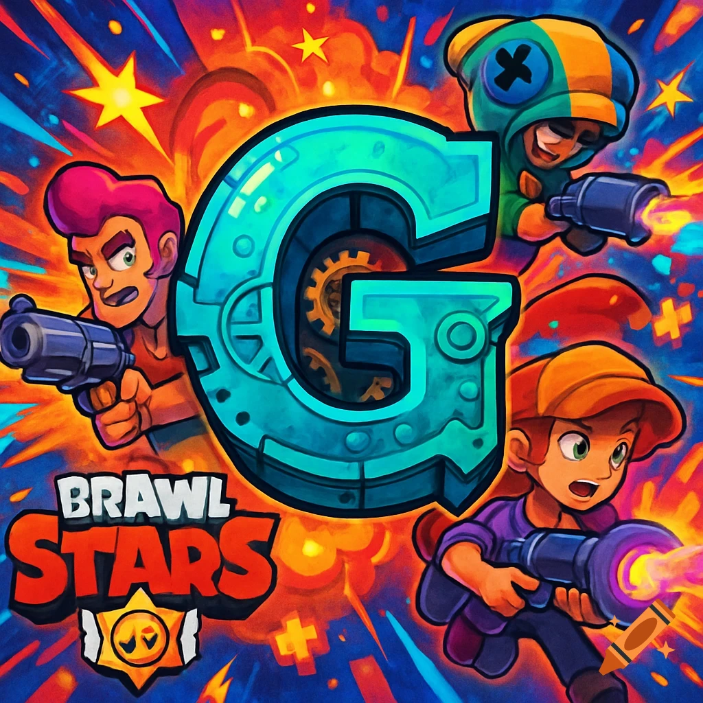 Cartoon style illustration of Brawl Stars characters Colt, Leon, and Jessie with their weapons around a large teal letter G, against an explosive, starry background.