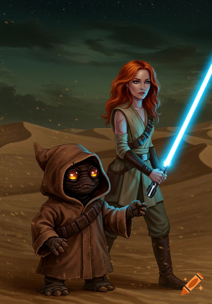 A redhead female Jedi with a blue lightsaber stands in a desert with a Jawa under a starry sky, digital art.