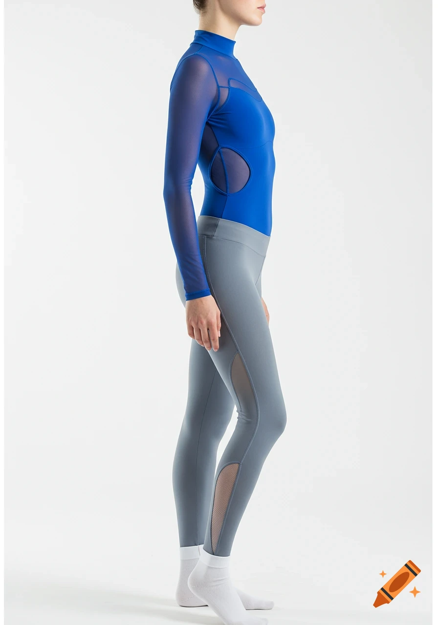 A woman in a form-fitting blue leotard with mesh sleeves and grey leggings with mesh details, standing in a side pose on a white background.