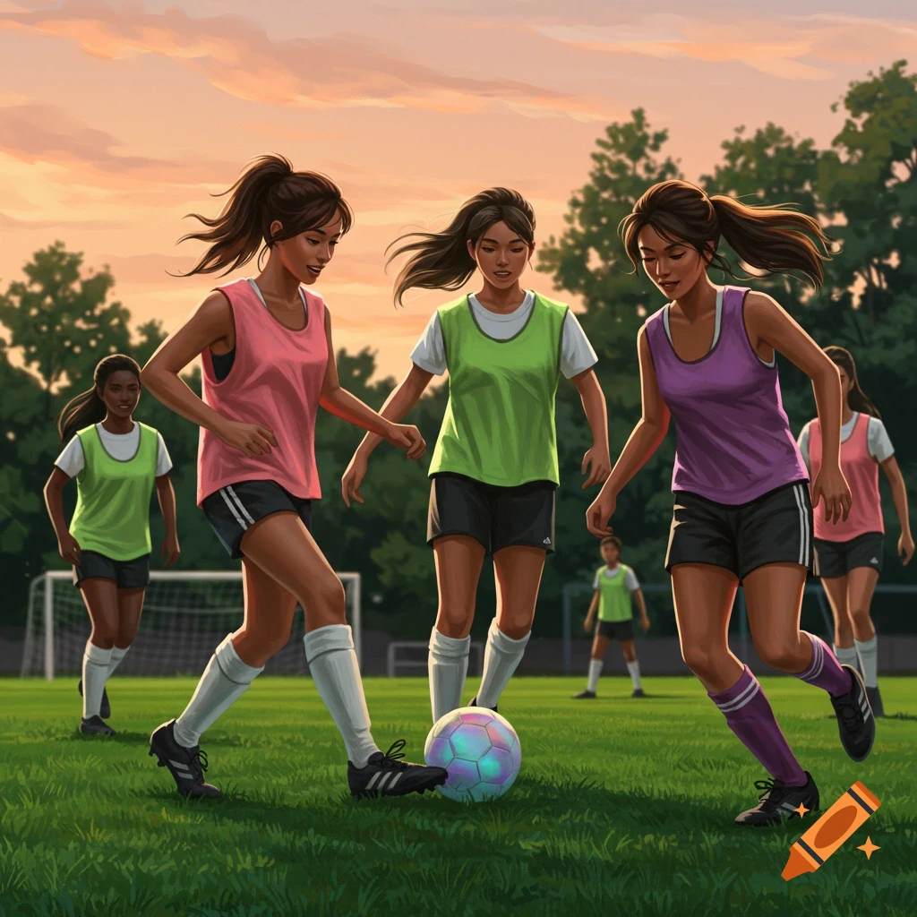 Several women in pink, green, and purple jerseys play soccer on a grassy field at sunset.