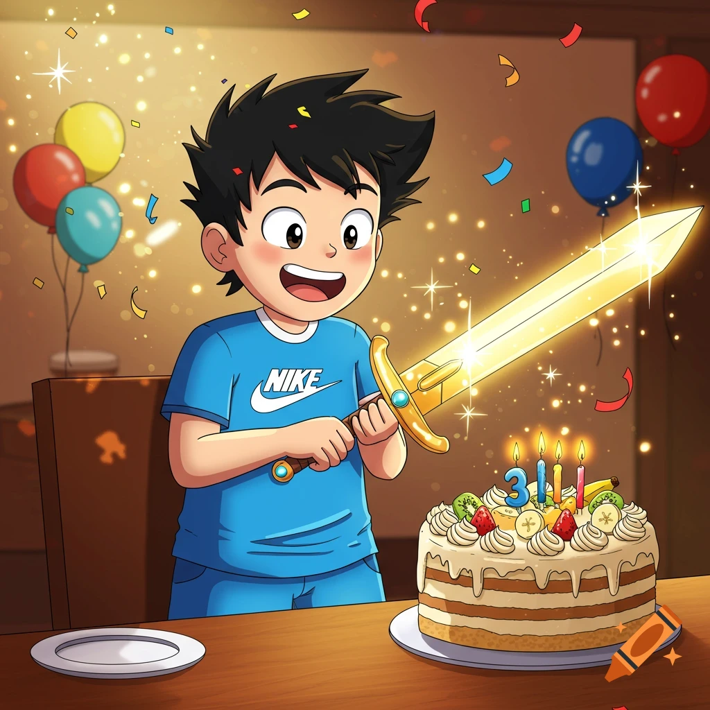 A cartoon boy with spiky black hair in a blue Nike shirt and shorts cuts a birthday cake with a glowing golden sword. Balloons and confetti are in the background.