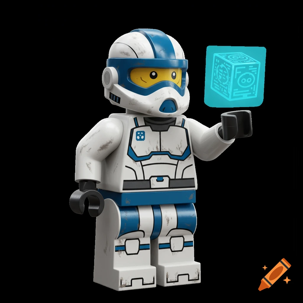 A LEGO-style sci-fi soldier in white and blue battle-worn armor, holding a glowing blue holographic data cube.