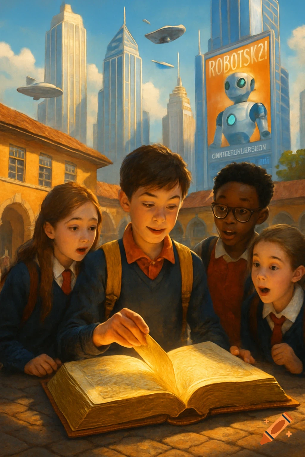 Four children in school uniforms gather around an open book glowing with light, set against a futuristic city with flying vehicles and a robot billboard.