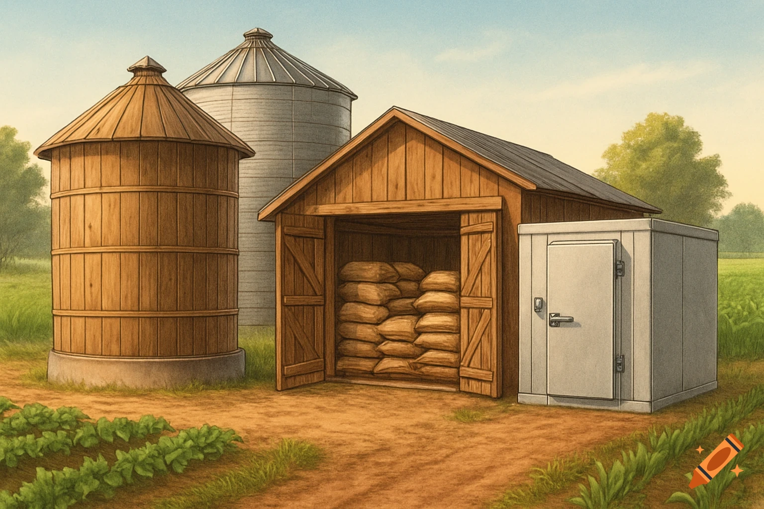 A stylized illustration of farm storage, featuring a wooden silo, a metal grain silo, a wooden shed filled with sacks, and a white cold room situated in a green field under a clear sky.