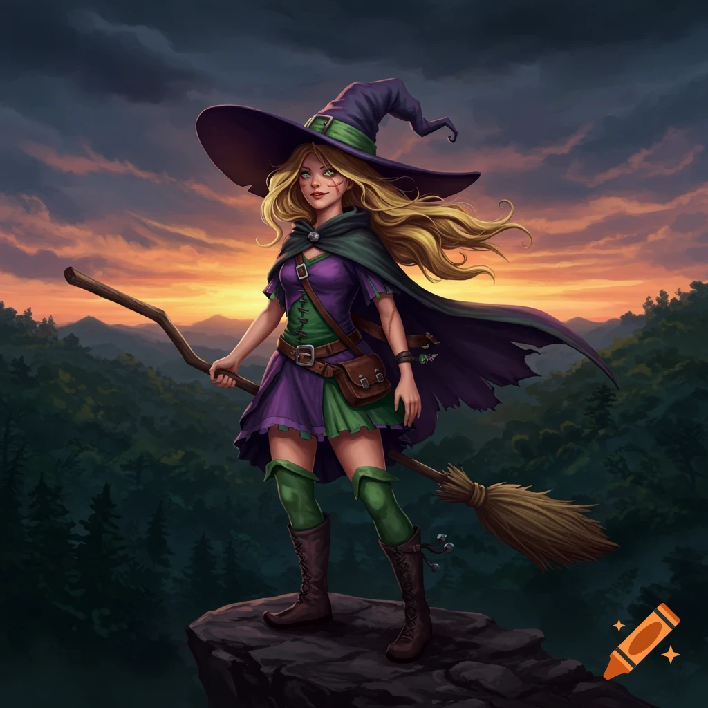 A young blonde witch with a scar, wearing a purple and green costume and a large hat, stands on a cliff with a broom at sunset over a forest.