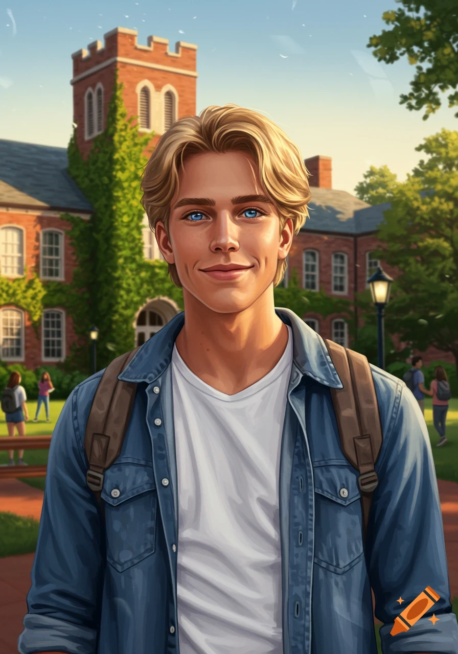 An illustrated portrait of a smiling young man with blond hair and blue eyes, wearing a denim shirt and backpack, on a college campus.
